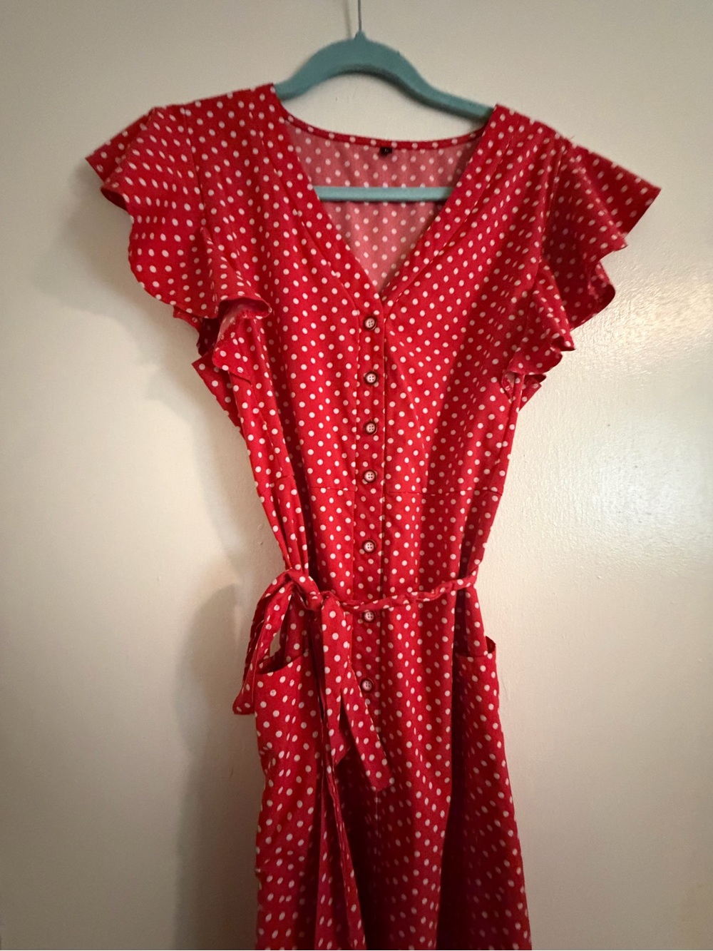 Red Polka Dot V-Neck Midi Dress with Tie Waist